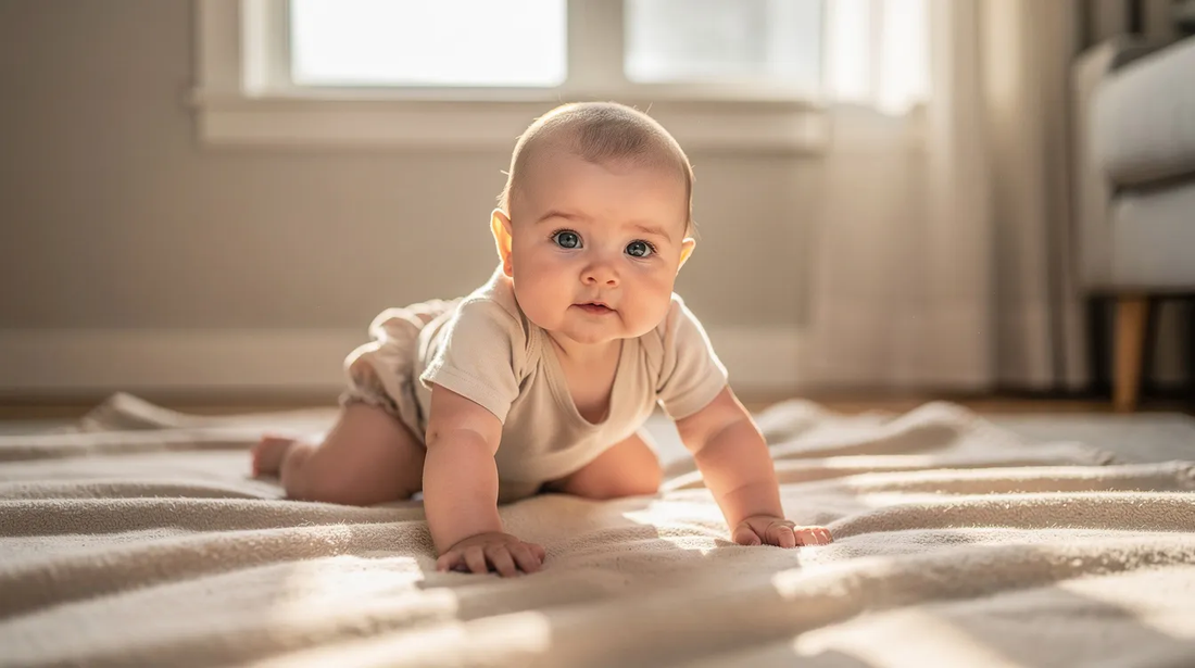 Na kocu raczkuje niemowlę ubrane w jasne bloomersy niemowlęce oraz body, które zapewniają mu pełną swobodę ruchów. Bloomersy dla dziewczynki wykonane z naturalnych tkanin są idealne na ciepłe dni, gwarantując komfort i bezpieczeństwo noszenia.